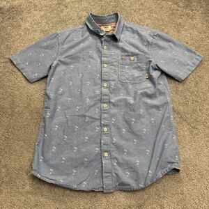 Vans Palm Tree Print Button Down Shirt Mens Small Blue Chambray Cotton Casual